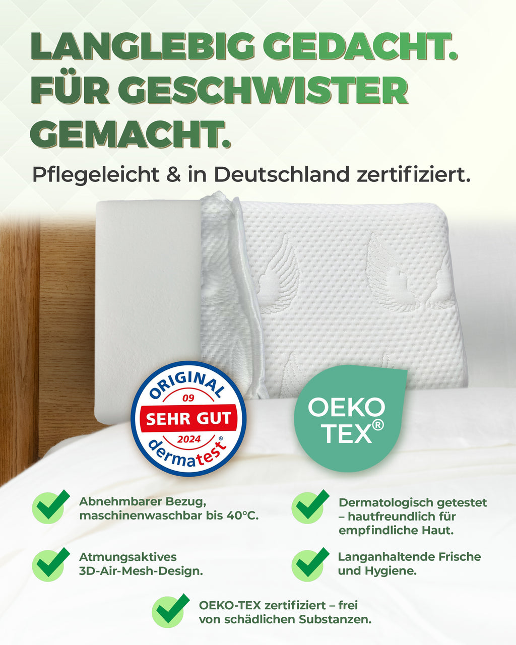 Flaches Kinderkissen aus Memory Foam mit 3D Tencel Bezug