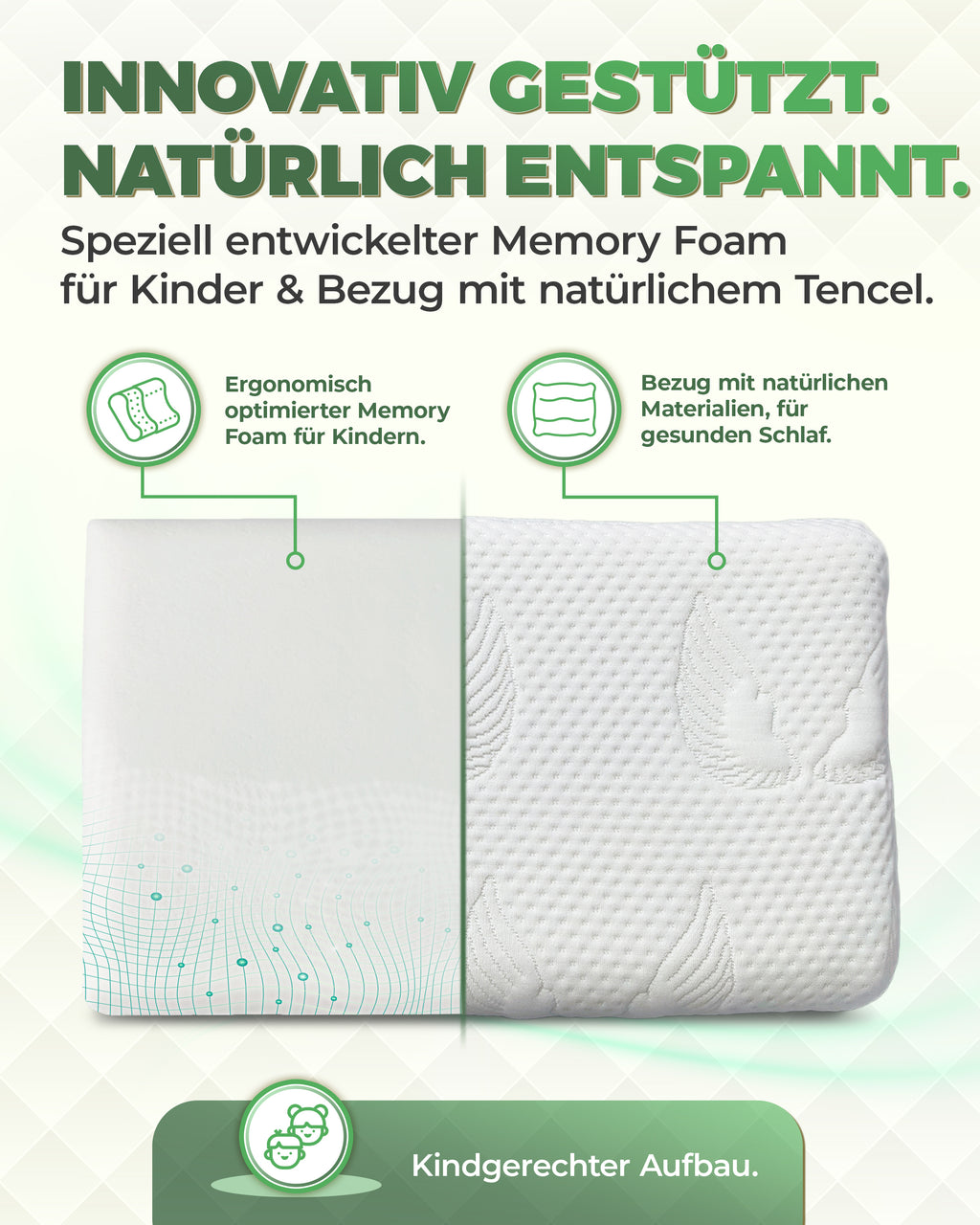 Flaches Kinderkissen aus Memory Foam mit 3D Tencel Bezug