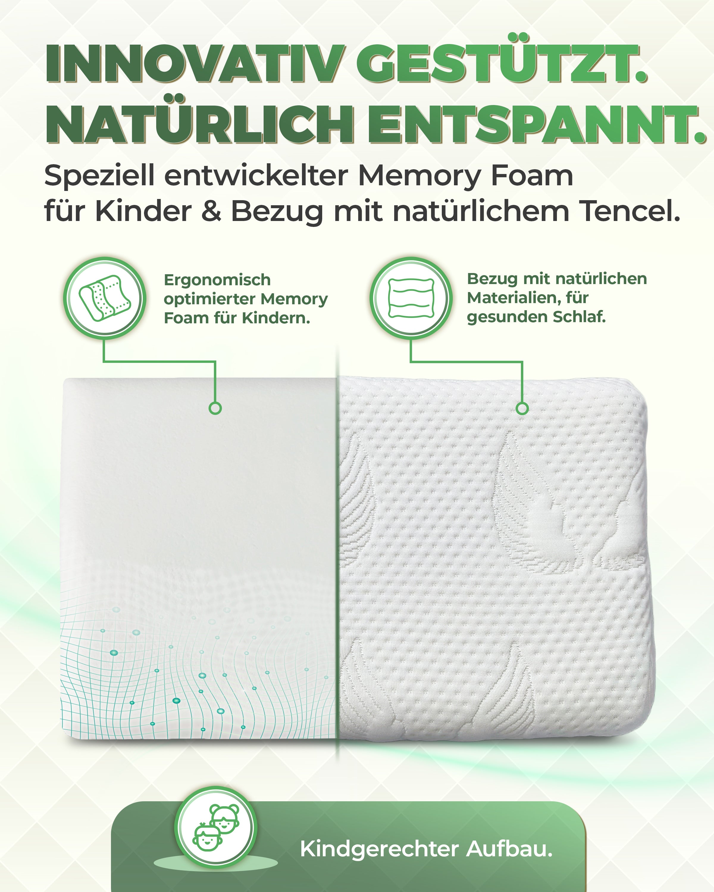 Flaches Kinderkissen aus Memory Foam mit 3D Tencel Bezug