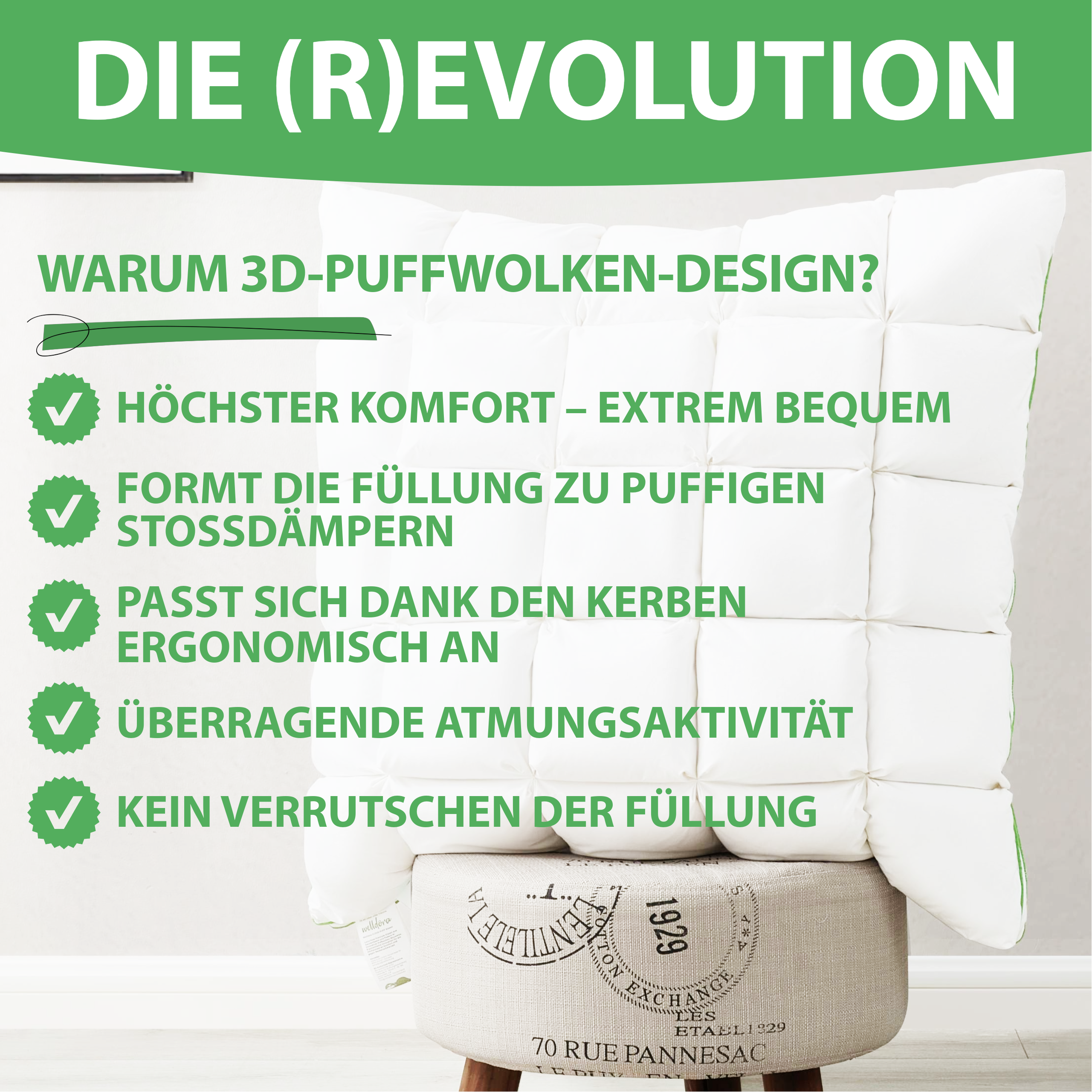 Welldora Puffwolken Premium Kopfkissen mit Daunen.