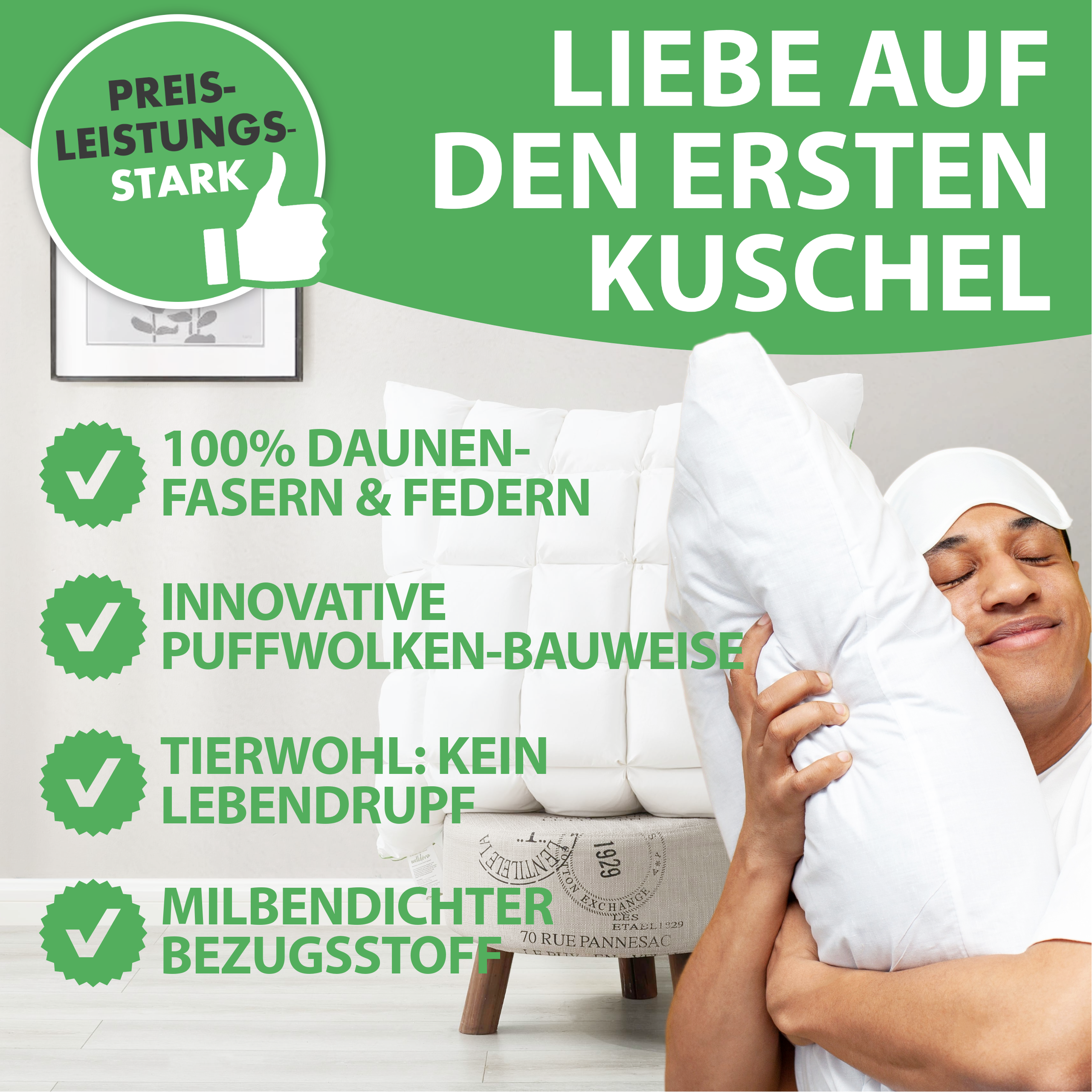 Welldora Puffwolken Premium Kopfkissen mit Daunen.
