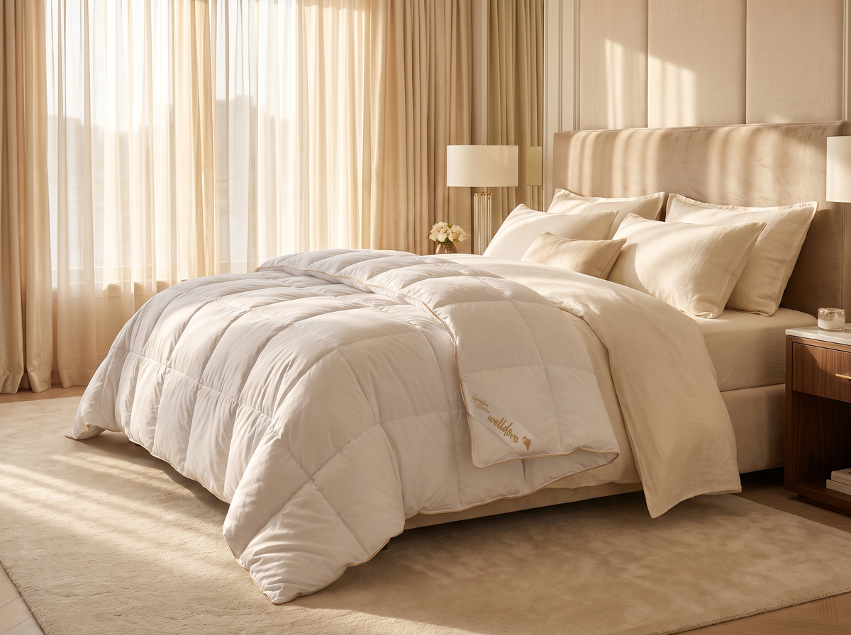 Welldora Signature Daunendecke auf einem gemachten Bett