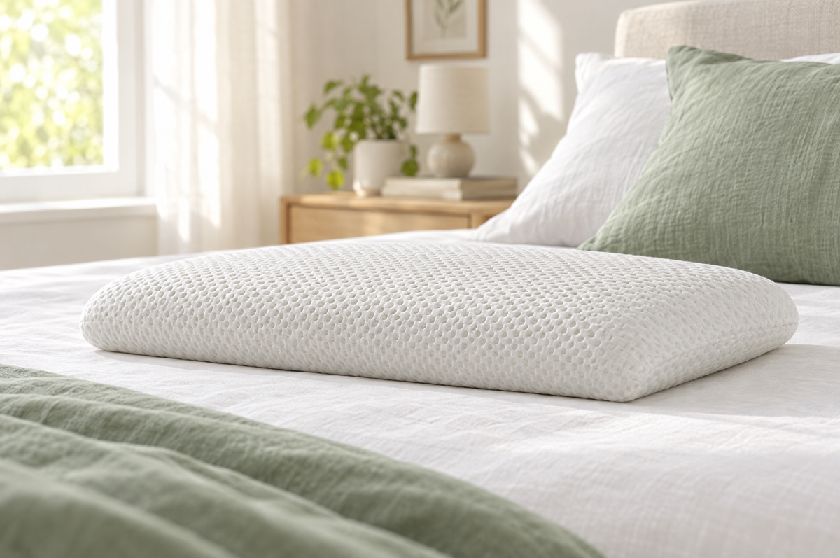 Welldora Bauchschläferkissen flach 7 cm auf einem hellen Bett